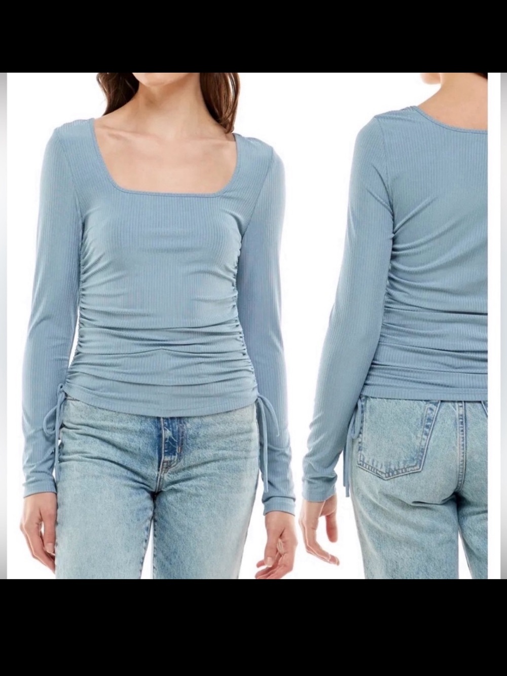 WAYF Blue Cinched Side Square Neckline Long Sleeve Shirt